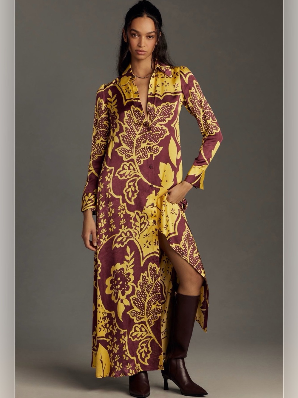 Corey Lynn Calter Anthropologie Size XS • Silky Yellow Brown Maxi Dress.